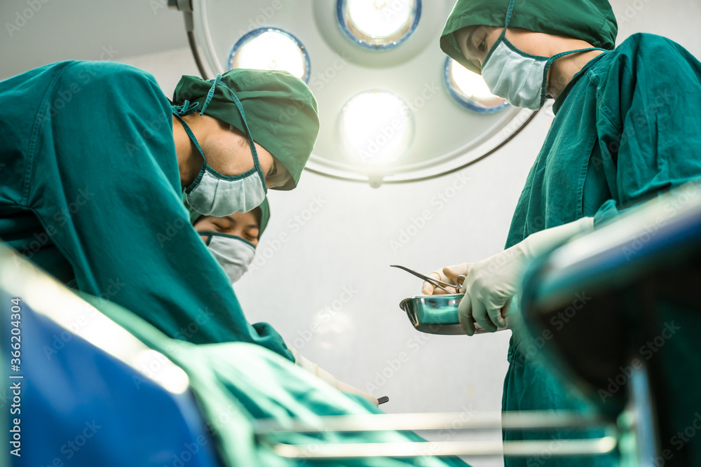 在现代手术室进行外科手术的专业医疗团队。亚洲助理ha