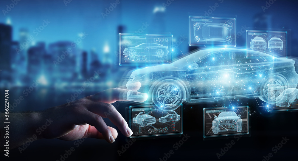 Man hand holding and touching holographic smart car interface projection 3D rendering