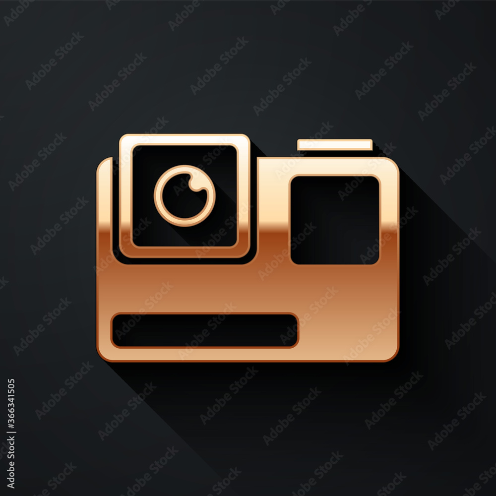 黄金行动极限摄像机图标隔离在黑色背景上。用于拍摄文本的摄像机设备