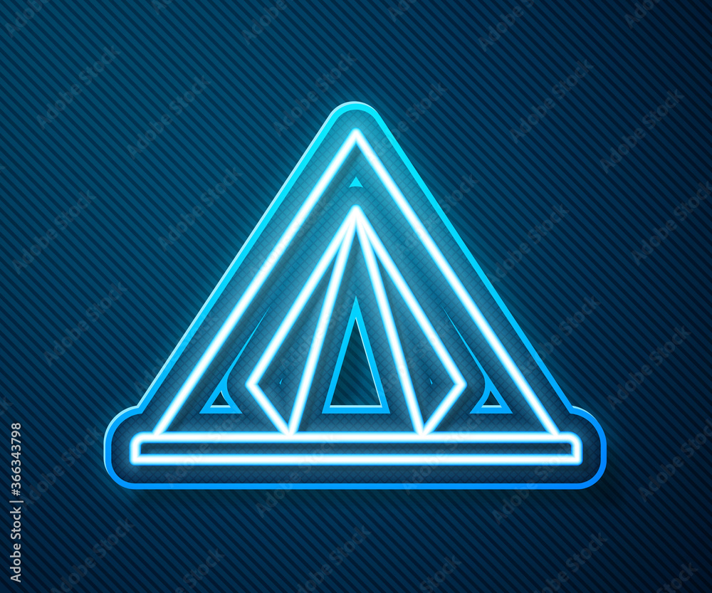 Glowing neon line Tourist tent icon isolated on blue background. Camping symbol. Vector Illustration