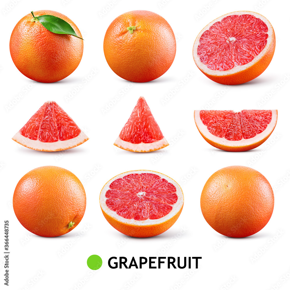 分离的葡萄柚。带叶子的粉红色葡萄柚。整个葡萄柚，切片，一半在白色葡萄柚上。葡萄柚