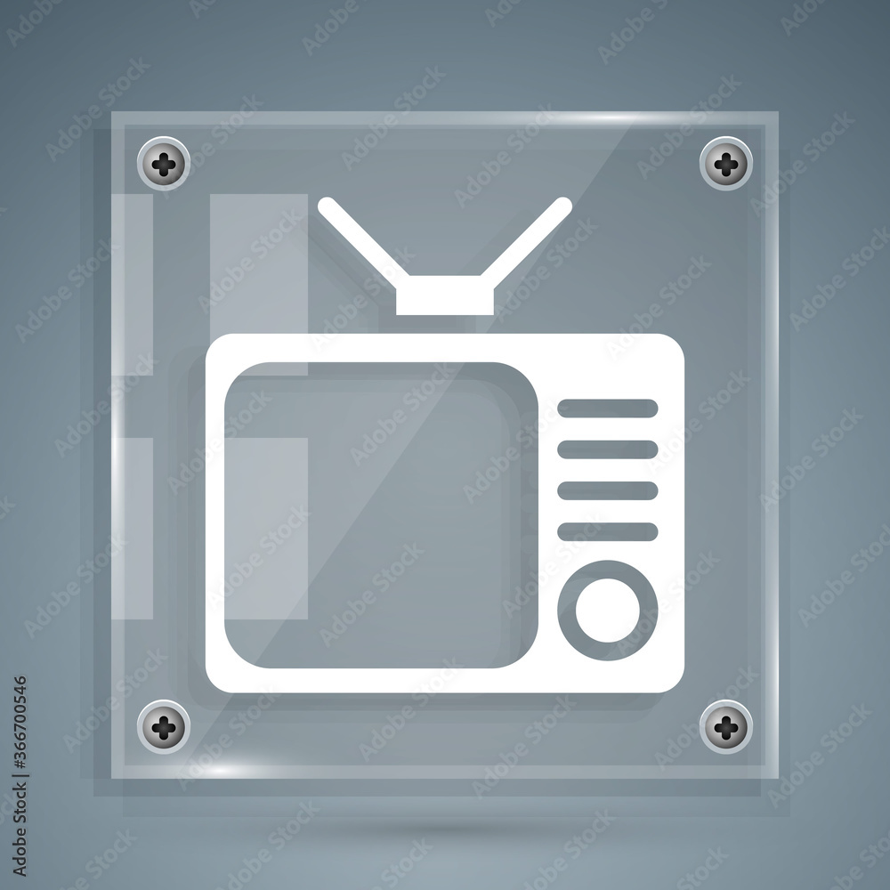 白色复古电视图标隔离在灰色背景上。电视标志。方形玻璃面板。矢量照明