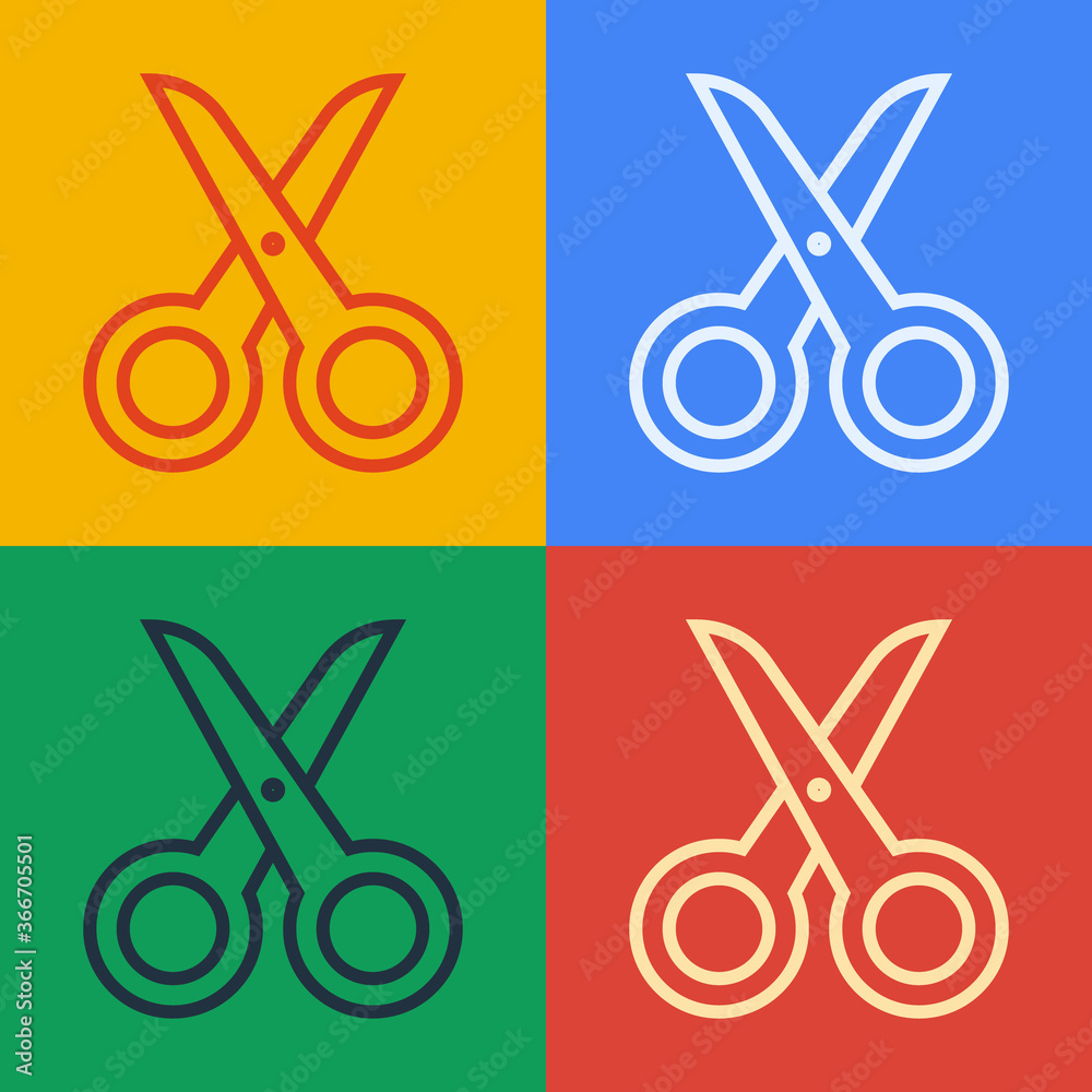 Pop art line Scissors icon isolated on color background. Cutting tool sign. Vector Illustration.