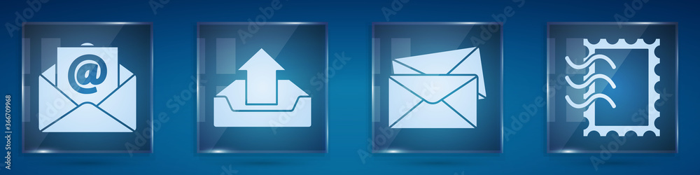 设置邮件和电子邮件，上传收件箱，信封和邮政印章。方形玻璃面板。矢量。
