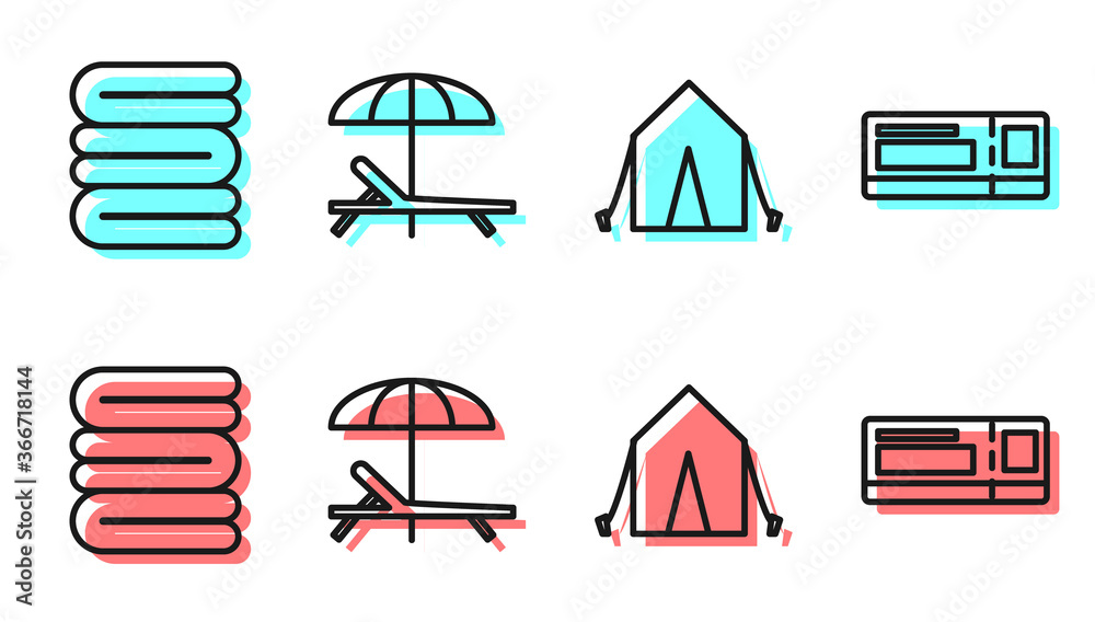 设置旅游帐篷、毛巾架、遮阳伞和旅行票图标。矢量。