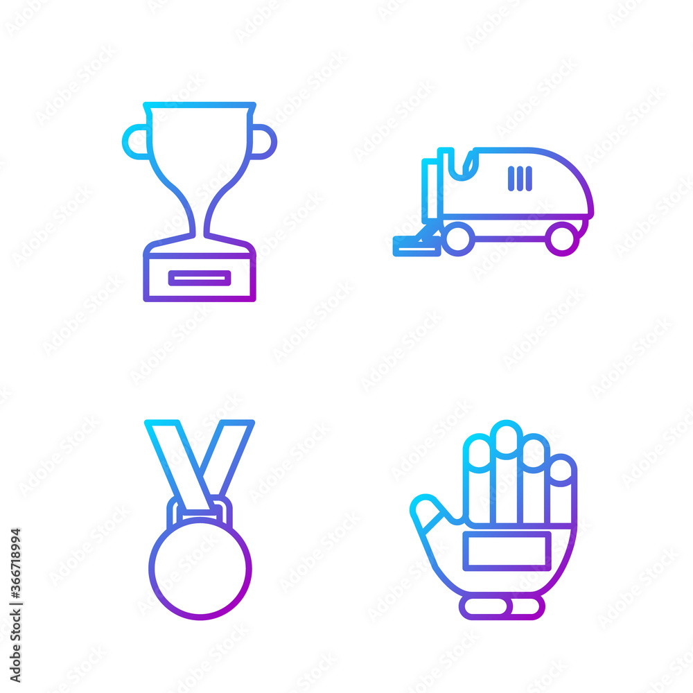 定位球冰球手套、奖牌、奖杯和冰面重修器。渐变色图标。矢量。