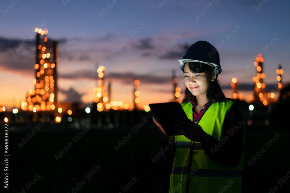 亚洲女性石化工程师在石油和天然气炼油厂内使用数字平板电脑夜间工作