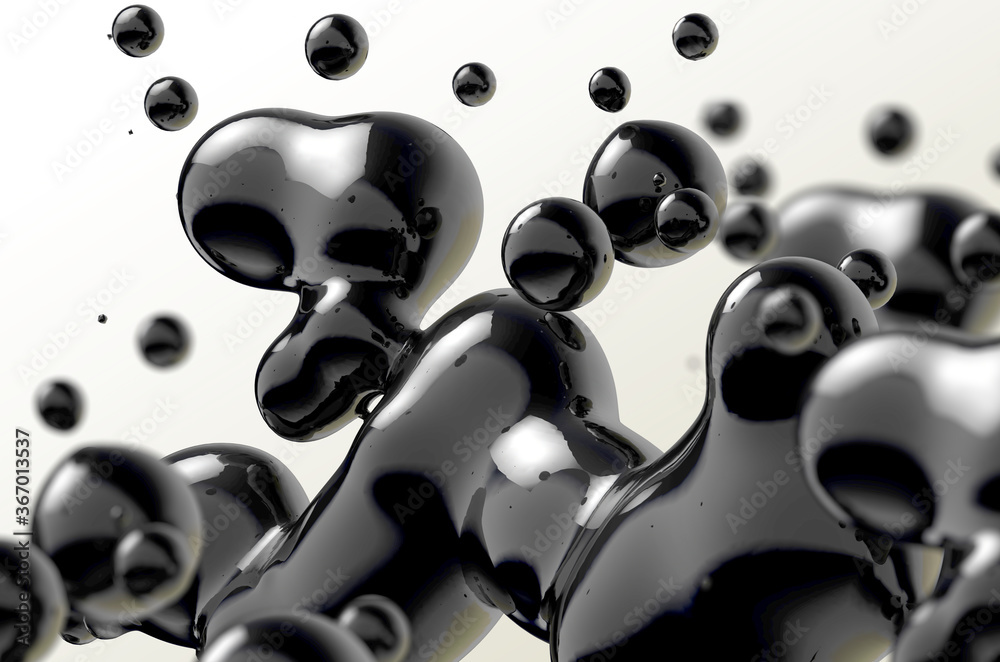 抽象的黑色液体滴背景.3d插图。墨水或流体形状。科学物理和化学