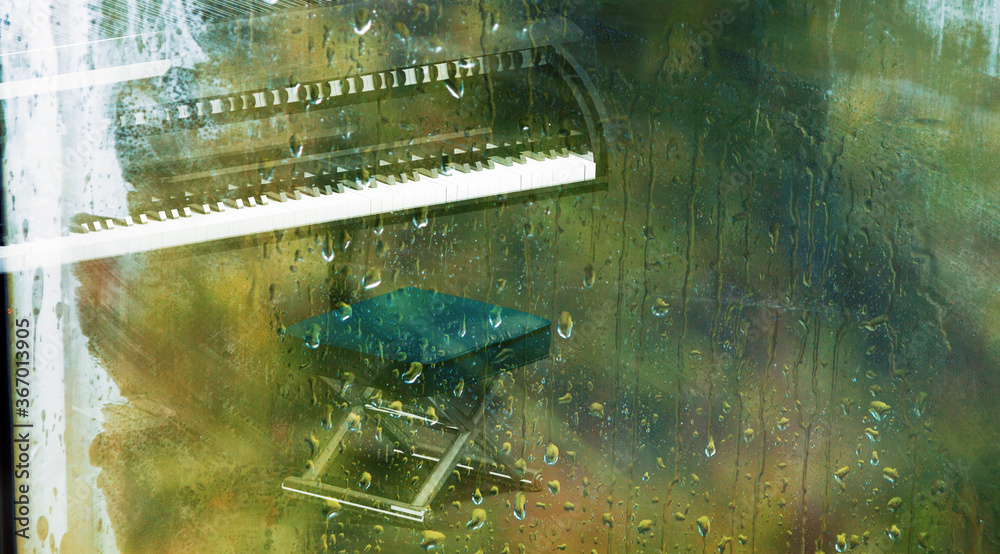 钢琴音乐概念抽象背景。三维插图。窗户后面的钢琴上有水滴