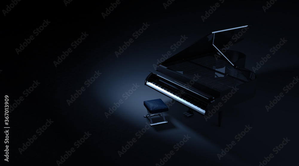 音乐设计背景.3d插图。黑暗房间和聚光灯下的大钢琴