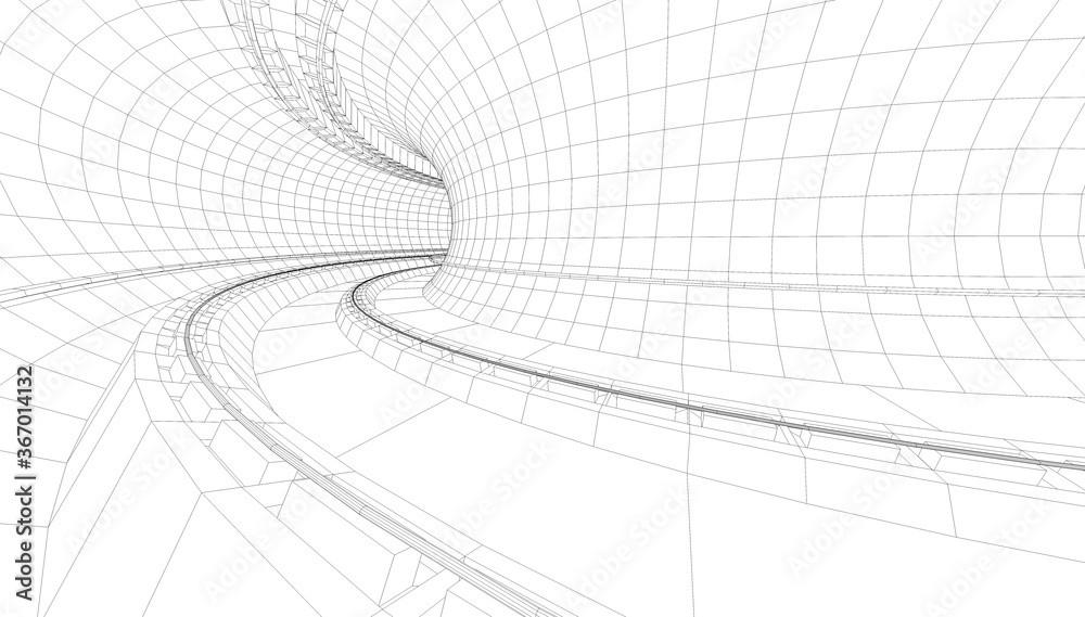 地铁车站隧道蓝图的三维插图，以线框风格绘制