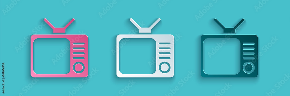 蓝色背景上隔离的剪纸复古电视图标。电视标志。纸艺风格。矢量照明