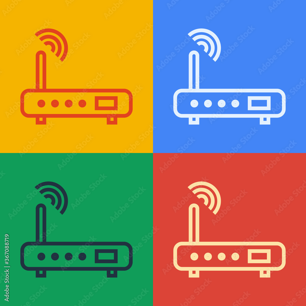 流行艺术线路路由器和wi-fi信号图标在彩色背景上隔离。无线以太网调制解调器路由