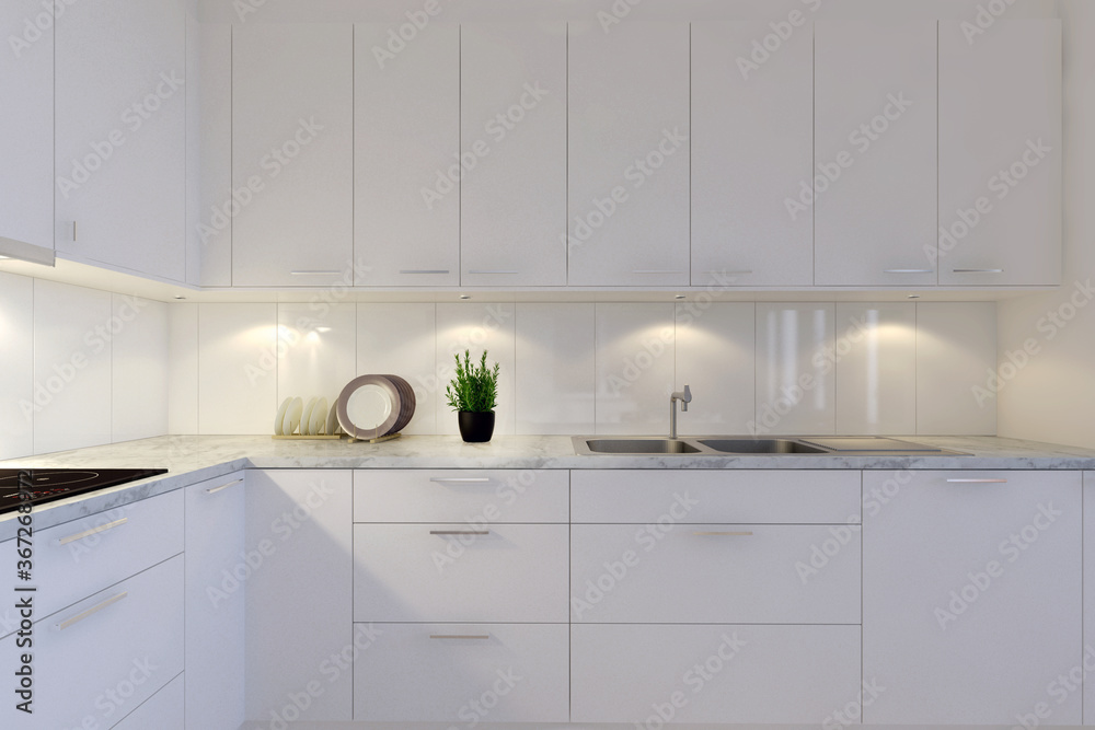 白色厨房内置家具，现代斯堪的纳维亚室内设计概念图，3d插图