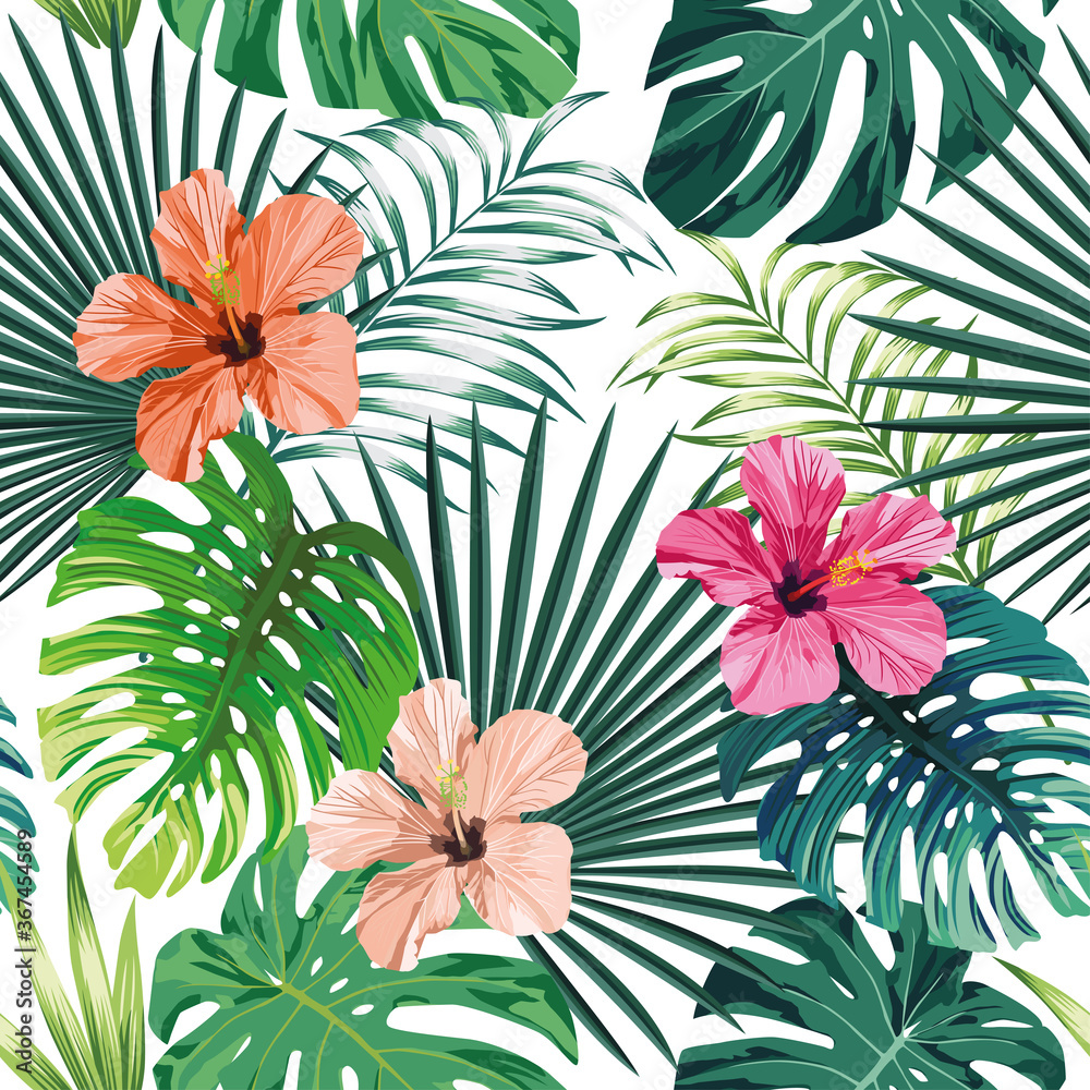 热带棕榈、香蕉、梦蝶树叶和玫瑰、米色和粉色木槿花的无缝异国图案