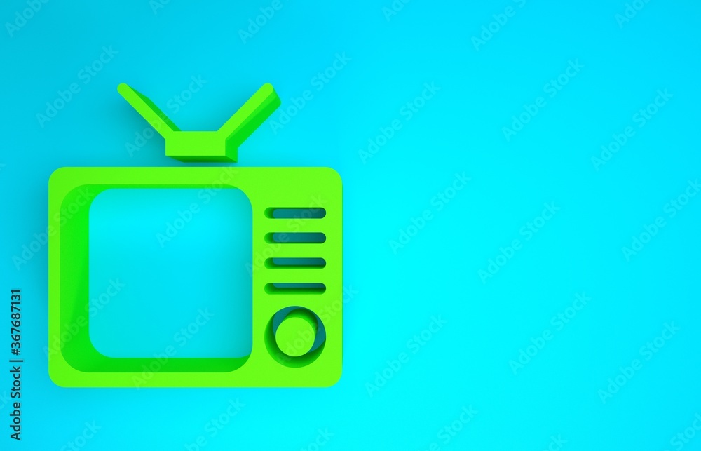 蓝色背景上的绿色复古电视图标。电视标志。极简主义概念。3d插图