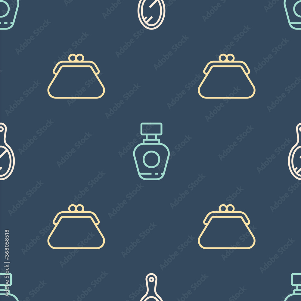 Set line Hand mirror, Clutch bag and Perfume on seamless pattern. Vector.