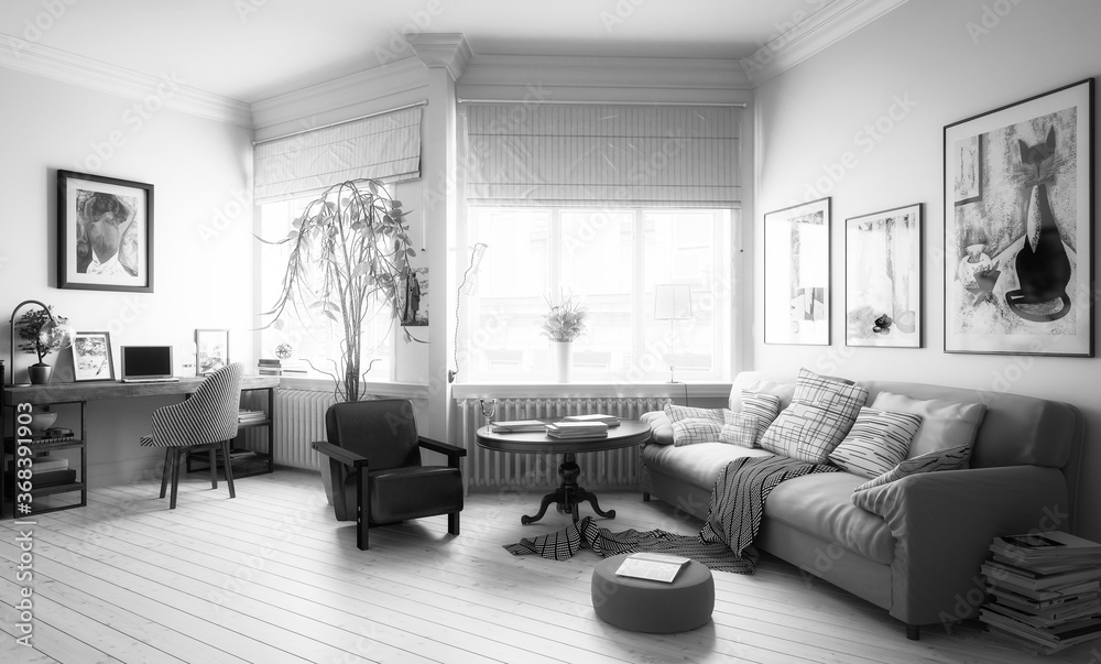 Cosy City Apartment - black and white 3d visualization