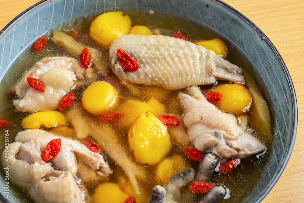 Chinese Guangdong Old Fire Soup with Eichhorne Fruit Chicken Soup