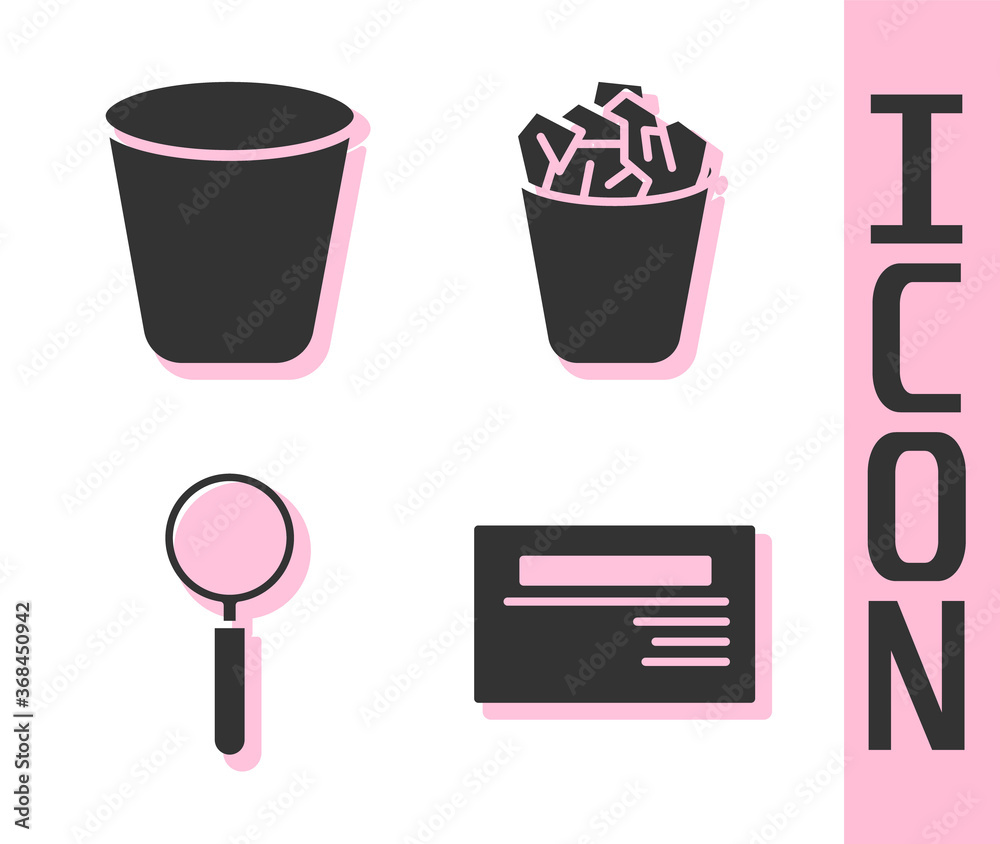 Set Business card, Trash can, Magnifying glass and Full trash can icon. Vector.