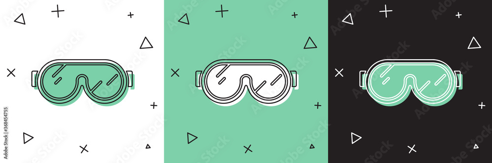 Set Ski goggles icon isolated on white and green, black background. Extreme sport. Sport equipment. 