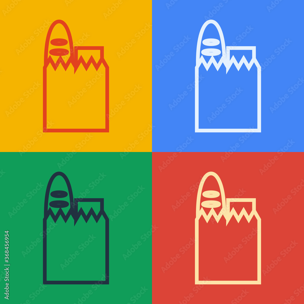 Pop art line Paper shopping bag and food icon isolated on color background. Food store, supermarket.