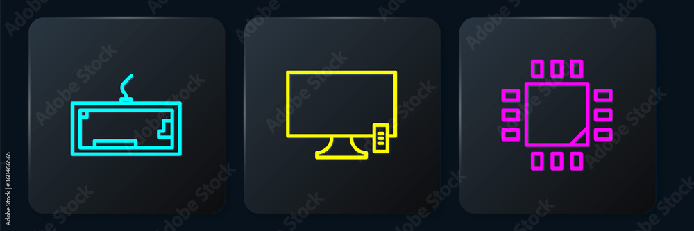 设置线路键盘，带微处理器CPU和智能电视的处理器。黑色方形按钮。矢量。