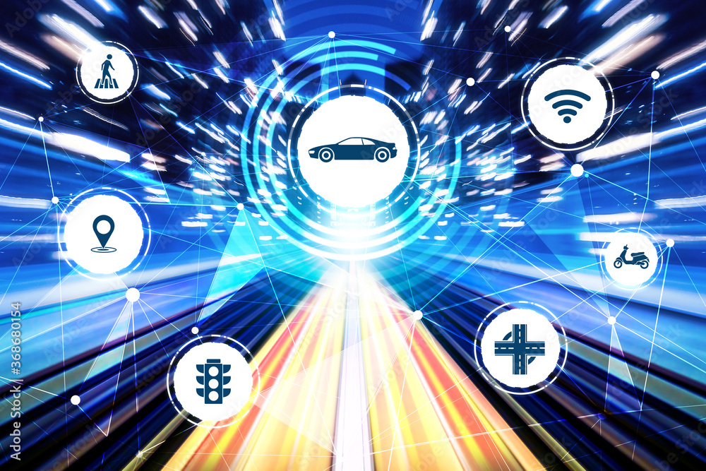 未来道路上汽车交通的智能交通技术概念。虚拟智能系统制造