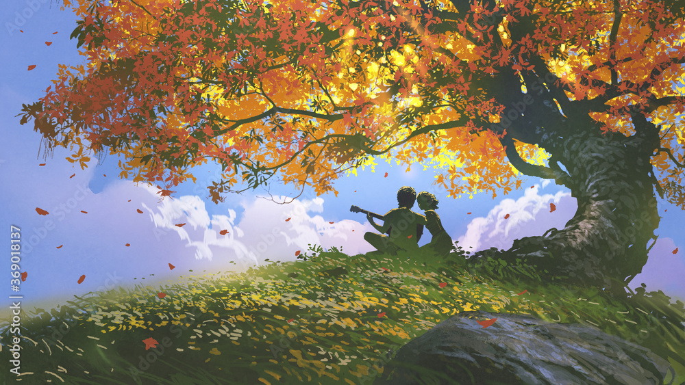 秋天，情侣们坐在树下弹吉他，数字艺术风格，插图绘画