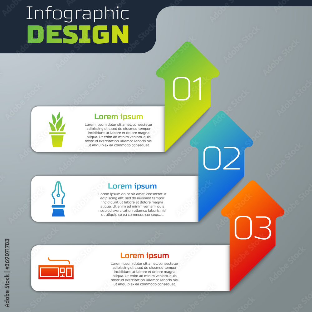 Set Plant in pot, Fountain pen nib and Keyboard. Business infographic template. Vector.