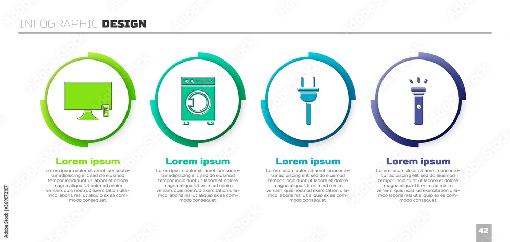 Set Smart Tv, Washer, Electric plug and Flashlight. Business infographic template. Vector.