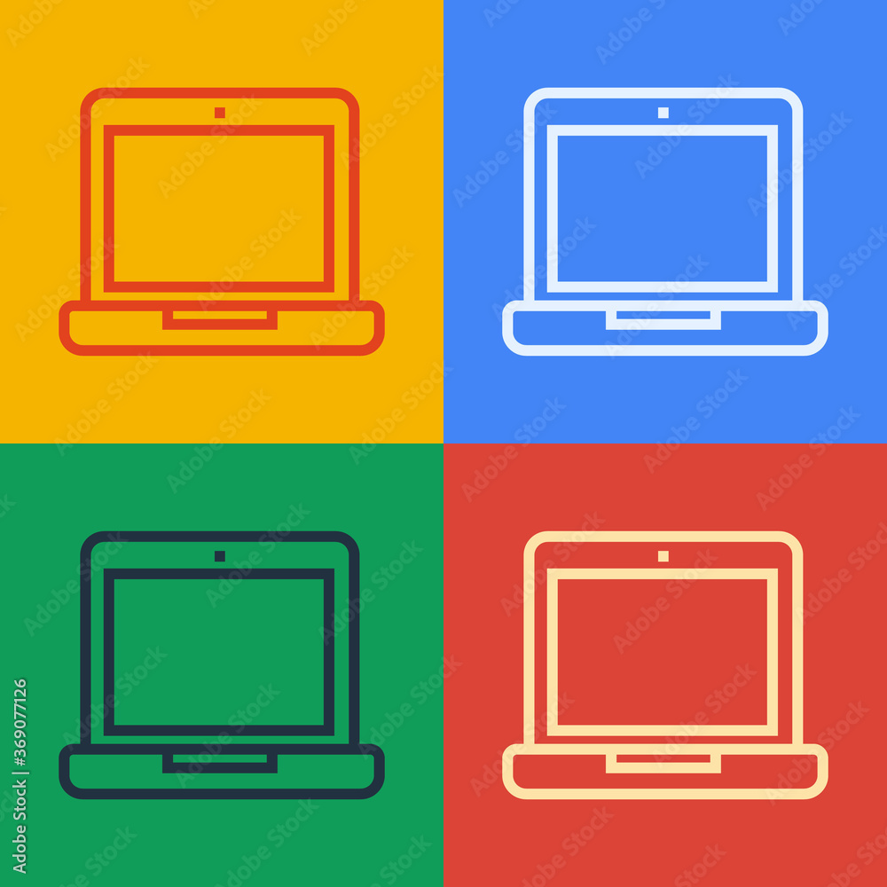 流行艺术线笔记本电脑图标隔离在彩色背景上。电脑笔记本电脑有空屏幕标志。Vec