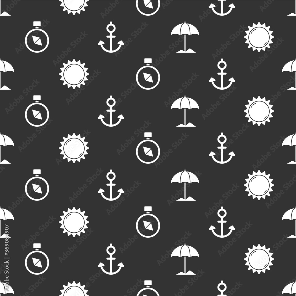Set Sun protective umbrella for beach, Sun, Compass and Anchor on seamless pattern. Vector.
