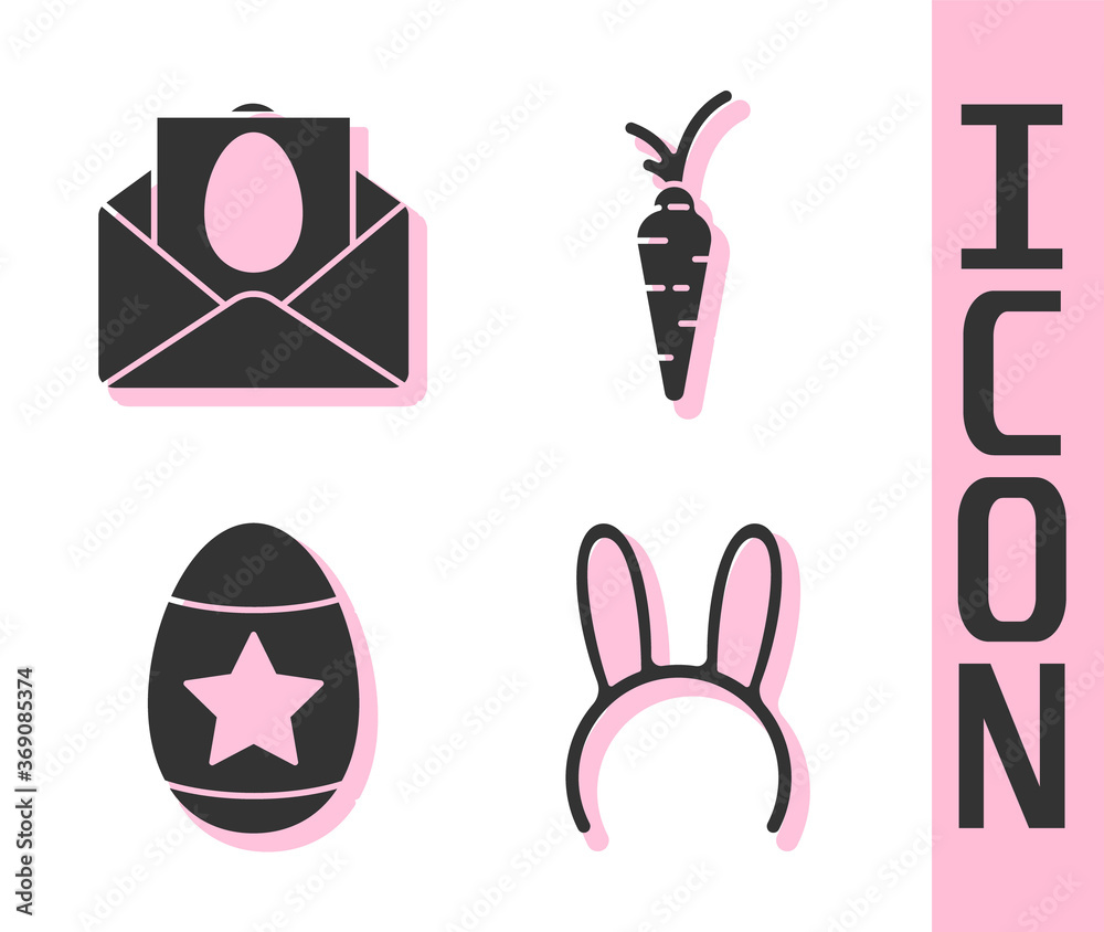 带长兔子耳朵的口罩，带复活节快乐、复活节彩蛋和胡萝卜图标的贺卡。矢量。