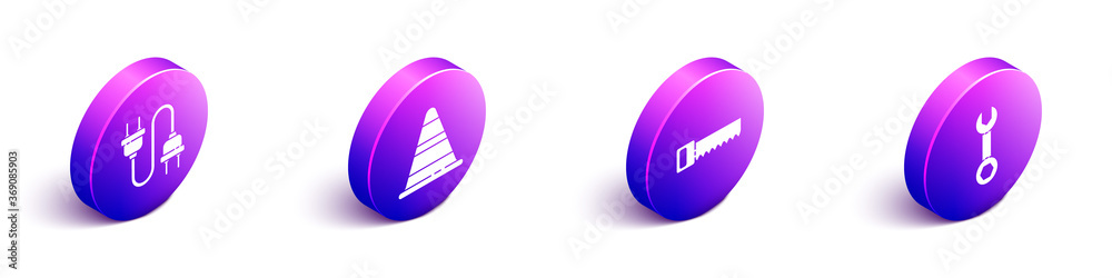 Set Isometric Electric plug, Traffic cone, Hand saw and Wrench spanner icon. Vector.