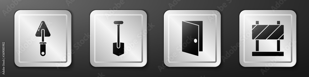 Set Trowel, Shovel, Closed door and Road barrier icon. Silver square button. Vector.