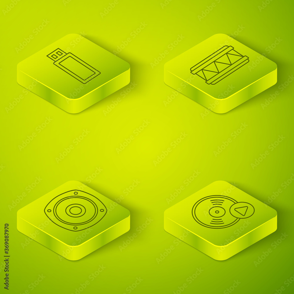 Set Isometric Drum, Stereo speaker, Vinyl disk and USB flash drive icon. Vector.