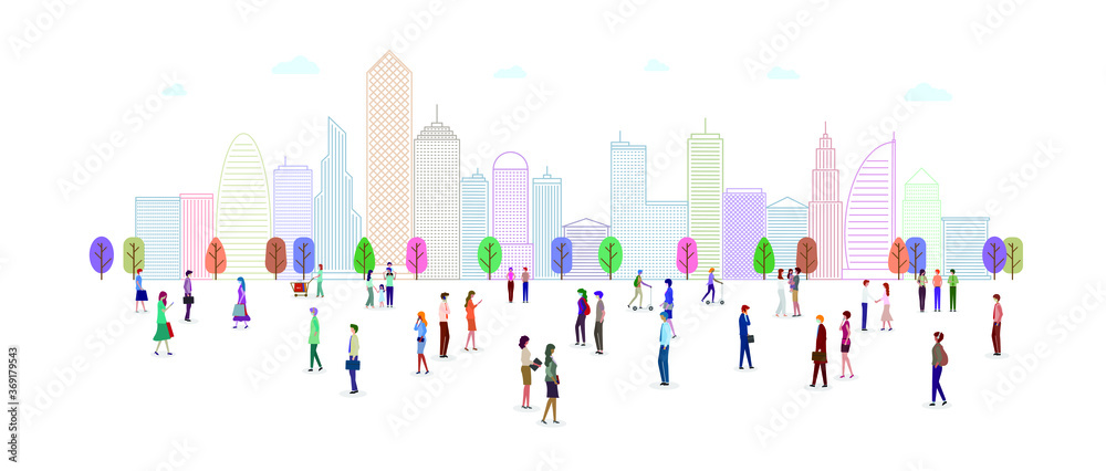 城市公园里的一群人。人们做出各种姿势，比如站着、走路、说话。