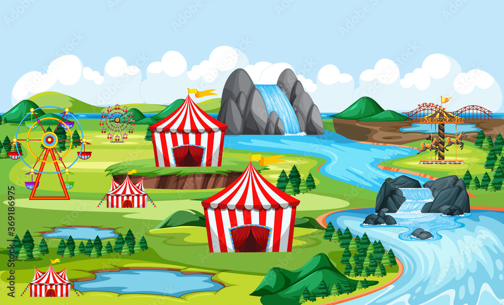 Carnival and amusement park with river side landscape scene