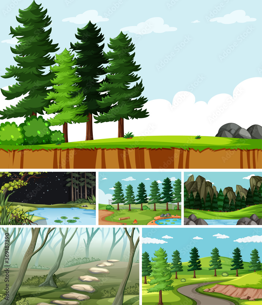 以自然为背景的卡通风格中的六个不同场景