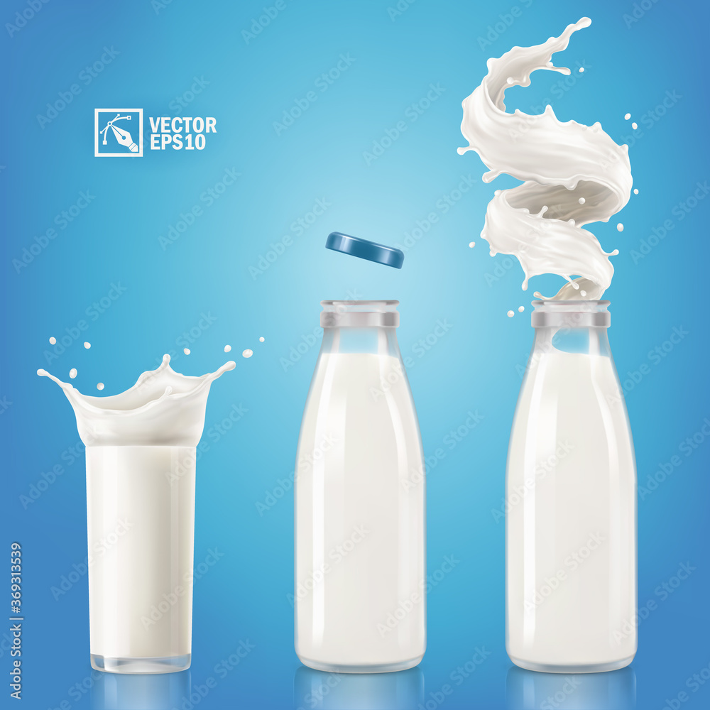 带有牛奶或酸奶飞溅物的三维逼真矢量透明瓶子和玻璃