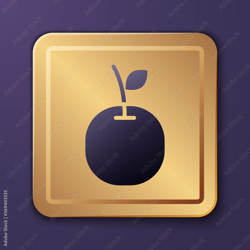 紫色背景上的紫色苹果图标。带叶子符号的水果。金色方形按钮。矢量
