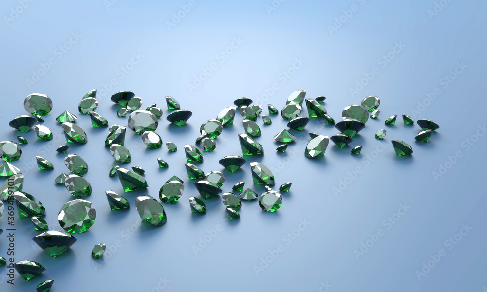 深绿色翡翠钻石集团背景三维插图。