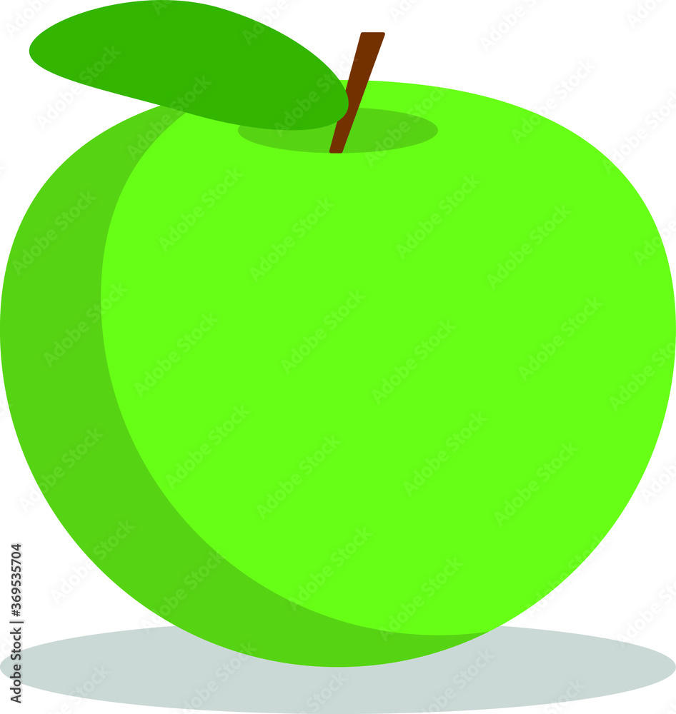 一个绿色苹果的简单矢量插图，白色背景上有叶子和简单的阴影
