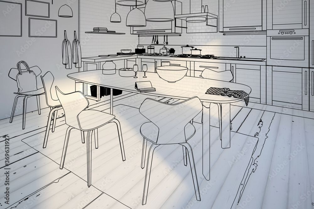 现代厨房区域与餐厅集成（图纸）-三维可视化