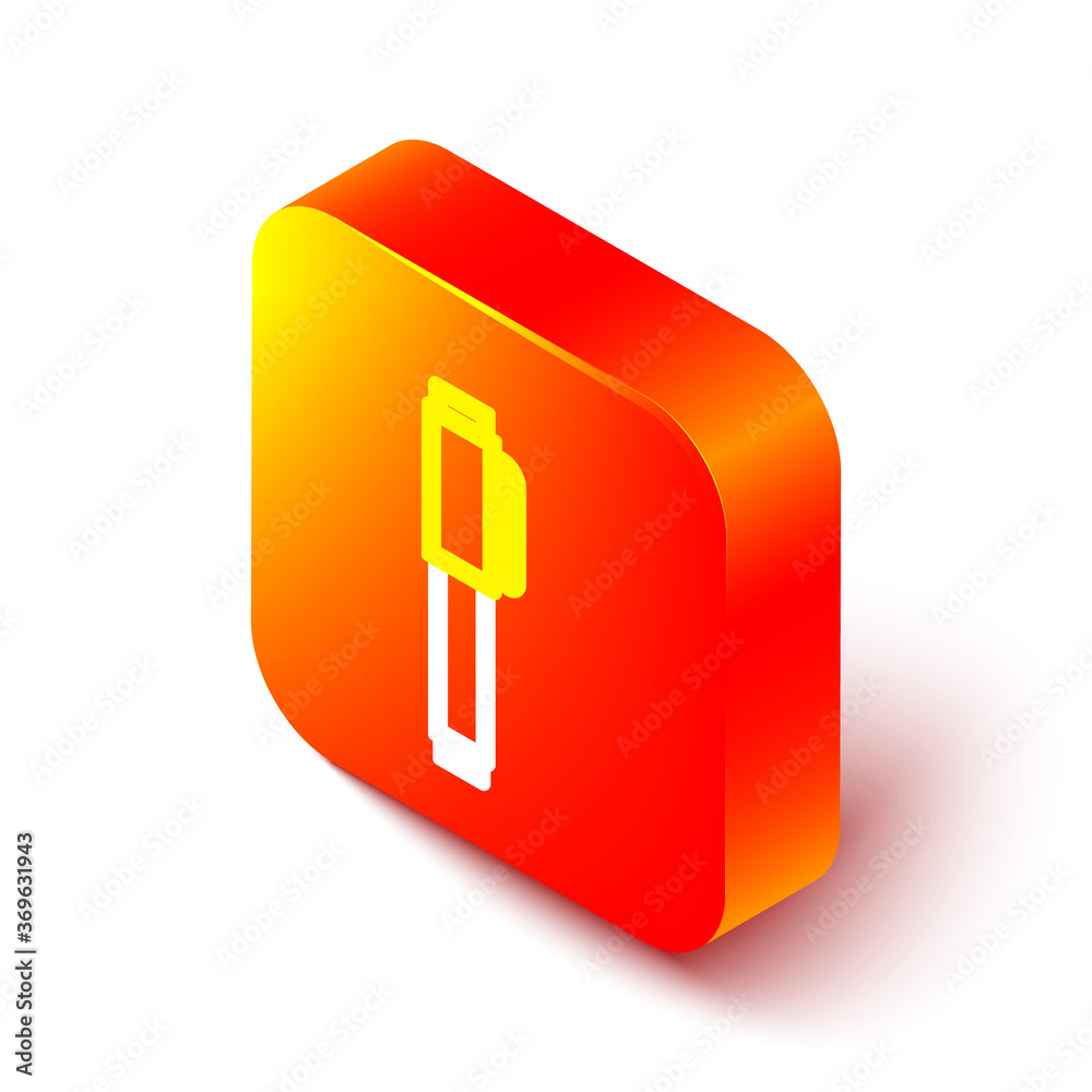 Isometric line Pen icon isolated on white background. Orange square button. Vector Illustration.