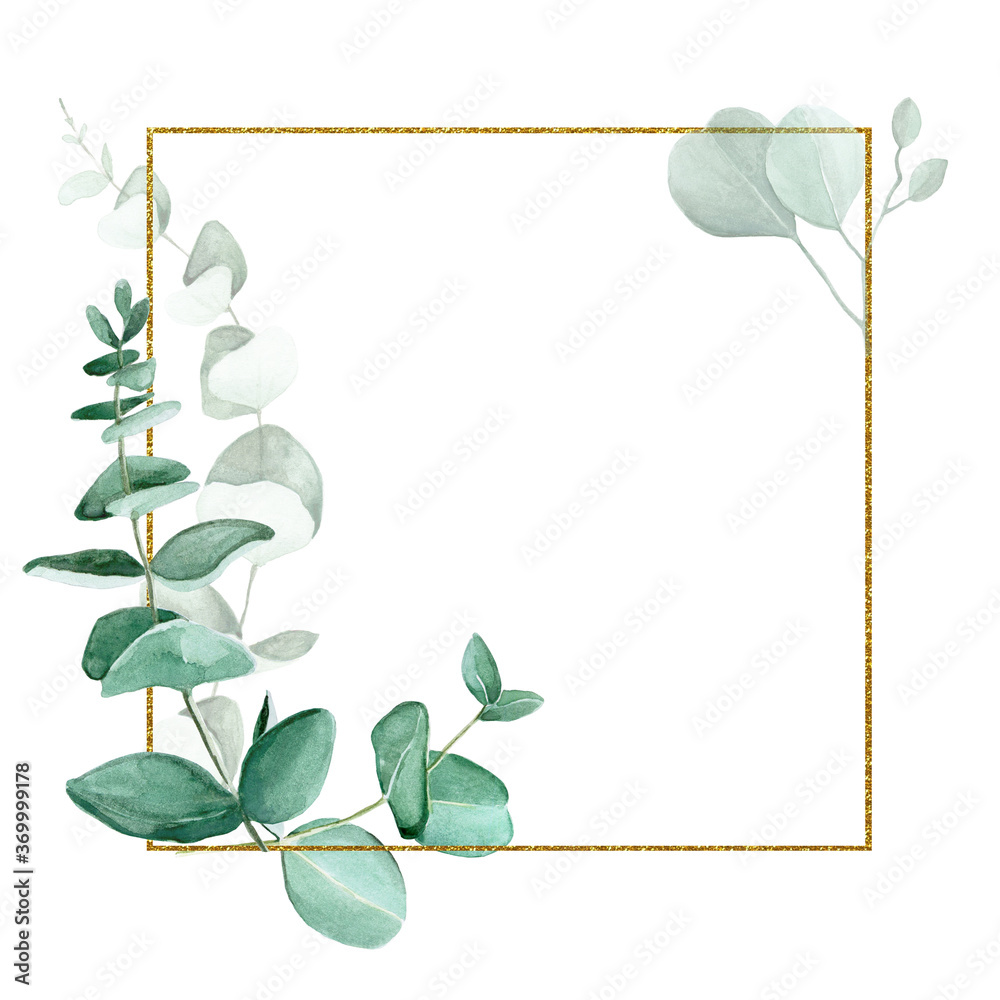 golden glitter frame with watercolor eucalyptus leaves isolated on white background. design for wedd