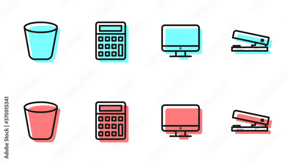 设置行计算机监视器屏幕、垃圾桶、计算器和办公室订书机图标。矢量。