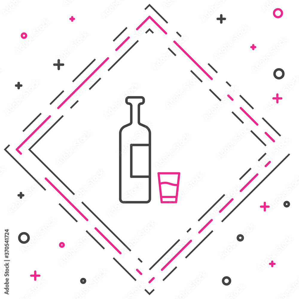 白色背景上隔离的线性威士忌瓶和玻璃图标。彩色轮廓概念。矢量Il