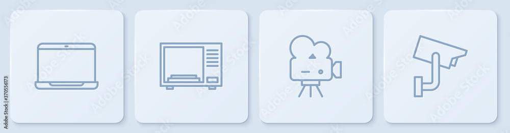 Set line Laptop, Retro cinema camera, Microwave oven and Security. White square button. Vector.
